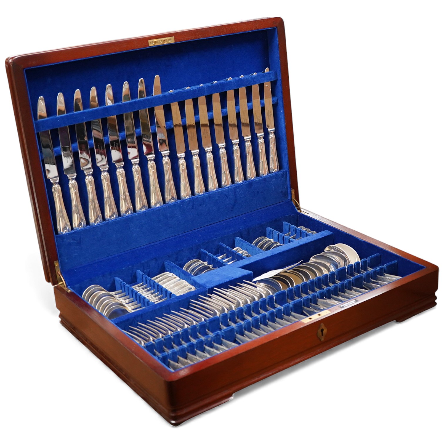 An Elizabeth II canteen of silver cutlery for eight, by Mappin & Webb, comprising table and dessert forks, dessert, soup and teaspoons, silver handled steel table and dessert knives two table or serving spoons and a pair